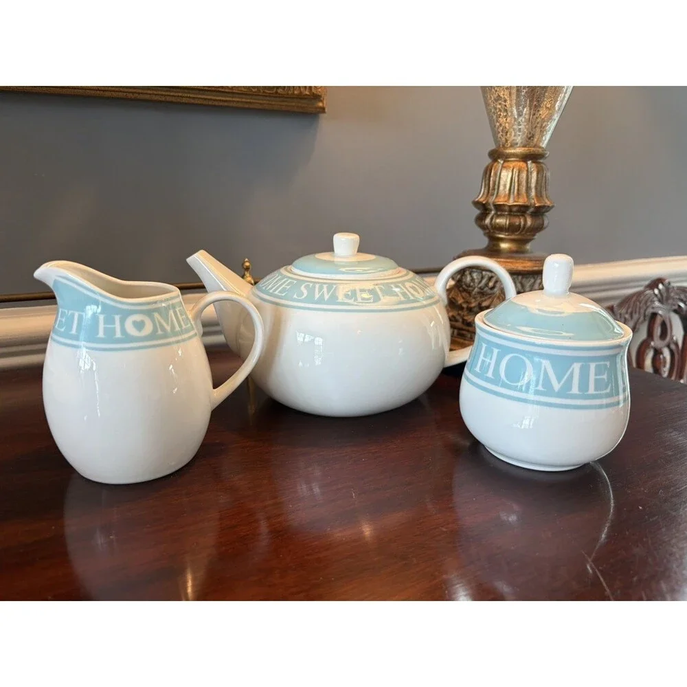 Waterside Fine China Blue and White Home Sweet Home Tea Set Vintage 3 Piece